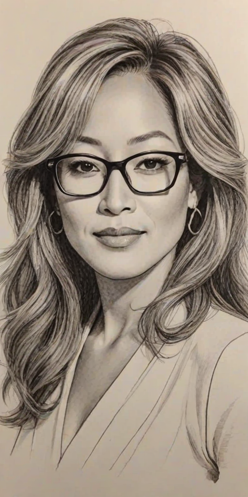 Fetching Carrie Ann Inaba, pencil sketch, portrait of Sublime woman 1980s in glasses, hair style beatnik, outline, clear lines, fine lines, 8k