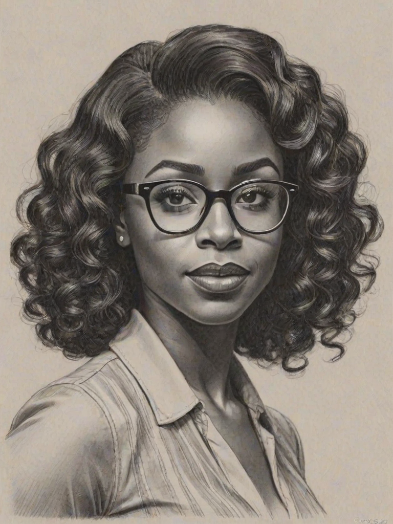 Enticing Teyonah Parris, pencil sketch, portrait of Enchanting woman 1939s in glasses, hair style beatnik, outline, clear lines, fine lines, 8k