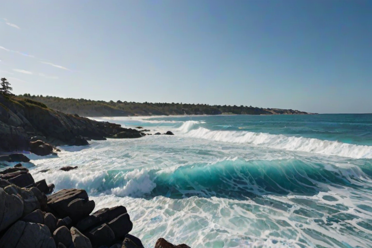 generate a coastal scene with vibrant blue waves crashing on a rocky shoreline under a clear sky