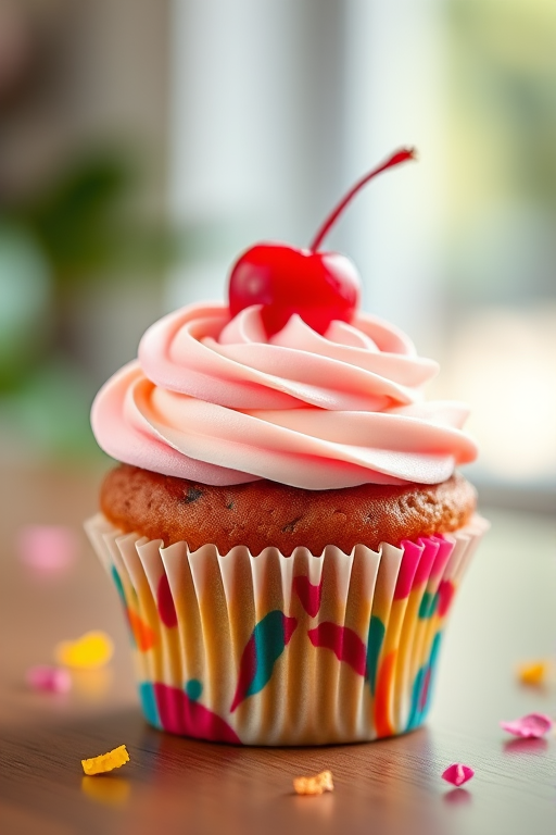 Create a high-resolution image of a colorful cupcake with swirls of frosting and a cherry on top, using a DSLR camera with a 50mm lens, aperture f/2.8, ISO 100, in soft natural lighting, with a shallow depth of field to enhance the focus on the cupcake.