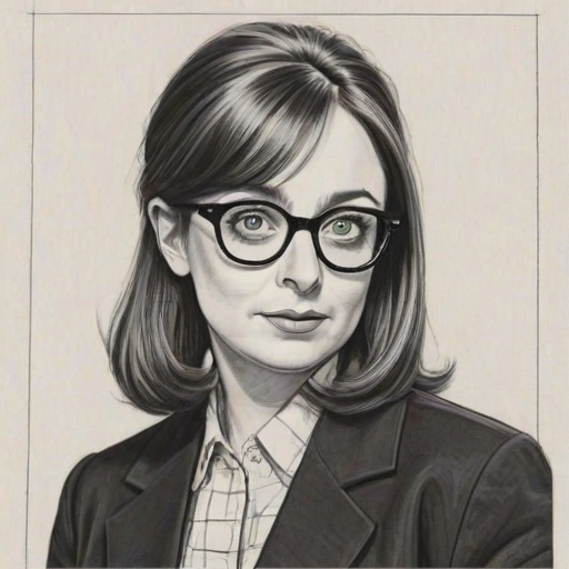 Charming Rachel Dratch, pencil sketch, portrait of Fascinating woman 1966s in glasses, hair style beatnik, outline, clear lines, fine lines, 8k