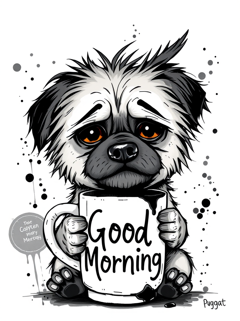 A quirky, artistic illustration of a disheveled puggat dog breed with exaggerated, large eyes and spiky fur, holding a coffee mug that reads "Good Morning". The dog has a tired but humorous expression, with ink splatters and abstract details surrounding it, giving a whimsical feel to the image. The color palette is mostly monochrome with hints of black in the eyes and steam rising from the mug, enhancing the overall sleepy vibe