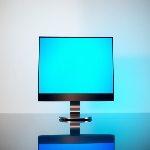 generate an image of a sleek modern computer monitor with a vibrant blue screen on a reflective surface, shot with a Canon EOS R5 camera, 50mm lens, f/2.8 aperture, ISO 100, with a slight vignette to enhance focus on the monitor