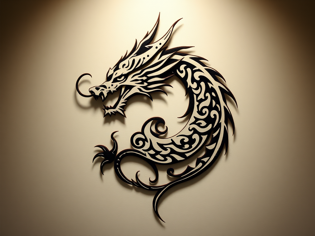 Create a high-resolution digital illustration of an intricate tribal dragon design, using a 50mm lens, f/2.8 aperture, ISO 100, with soft lighting to enhance details and shadows, shot from a frontal view using a DSLR camera.