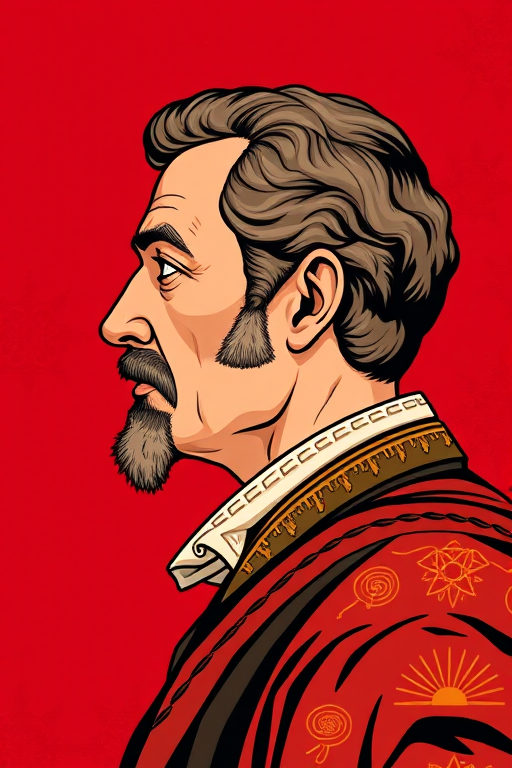 Create a high-resolution vector illustration of a historical figure in profile, with a red background and gold accents, using a DSLR camera with a 50mm lens at f/1.8, ISO 100, shot in natural light to enhance contrast and clarity.