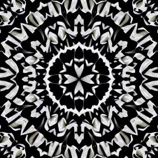 Generate an abstract black and white pattern with intricate geometric shapes using a DSLR camera at f/8, ISO 100, and a 50mm lens, shot from a top-down view in natural light, focusing on high contrast and sharp details.