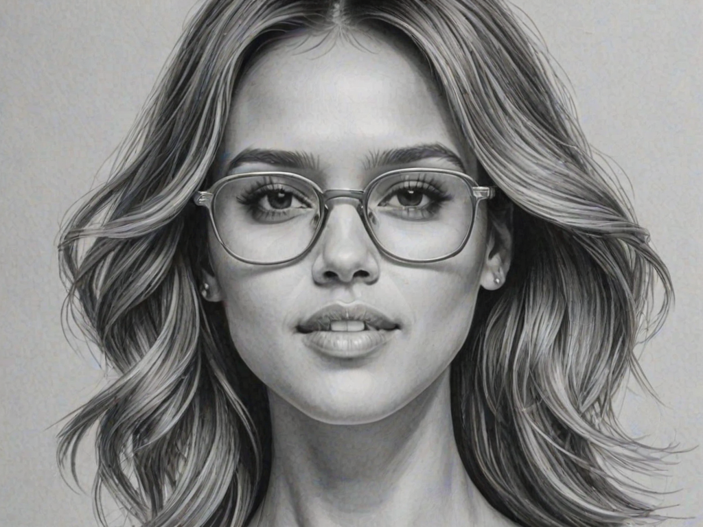 Enticing Jessica Alba, pencil sketch, portrait of Gorgeous woman 1972s in glasses, hair style beatnik, outline, clear lines, fine lines, 8k