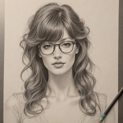 Fetching Paz de la Huerta, pencil sketch, portrait of Exquisite woman 1971s in glasses, hair style beatnik, outline, clear lines, fine lines, 8k