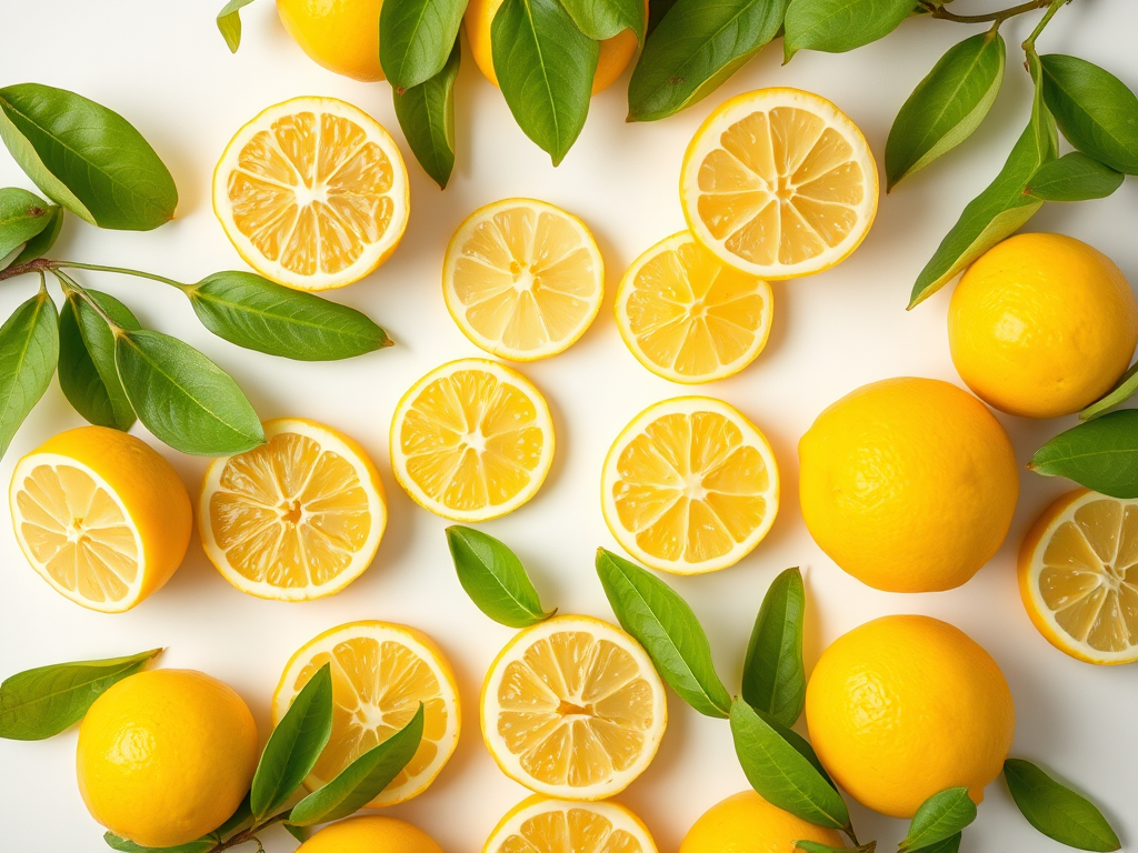 Create a vibrant circular arrangement of whole and sliced lemons with bright green leaves on a white background, with a focus on clarity and detail, using a DSLR camera at f/2.8, ISO 100, 50mm lens, macro view for enhanced image quality.