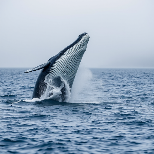 Create an image of a humpback whale breaching the ocean surface with a misty background, captured using a DSLR camera, 24mm lens, aperture f/8, shutter speed 1/1000s, ISO 400, in a high-resolution, dynamic range style.