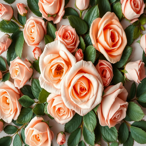 Create a floral pattern featuring soft pink and peach roses with green leaves, using a DSLR camera at f/2.8 aperture, 50mm lens, top-down view, soft lighting, and high-resolution settings for enhanced detail and clarity.