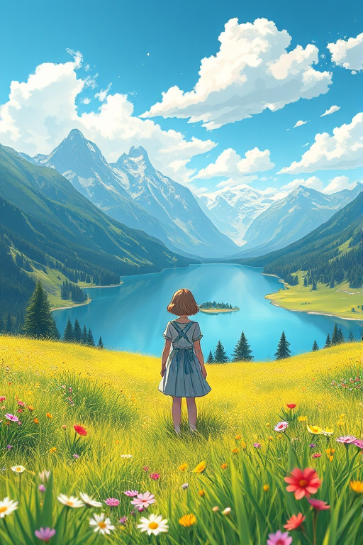 Create a digital illustration of a girl standing in a vibrant meadow overlooking a serene lake and majestic mountains in the background, use a wide-angle lens at f/2.8, ISO 100, 24mm focal length, with a soft focus effect to enhance depth and detail, depicting a whimsical art style inspired by anime.