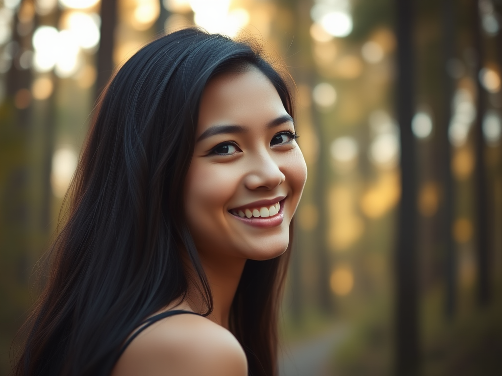 portrait of a smiling young woman with long black hair in a soft focus forest background, natural lighting, shallow depth of field, DSLR camera, f/1.8 aperture, 85mm lens, ISO 100, golden hour lighting