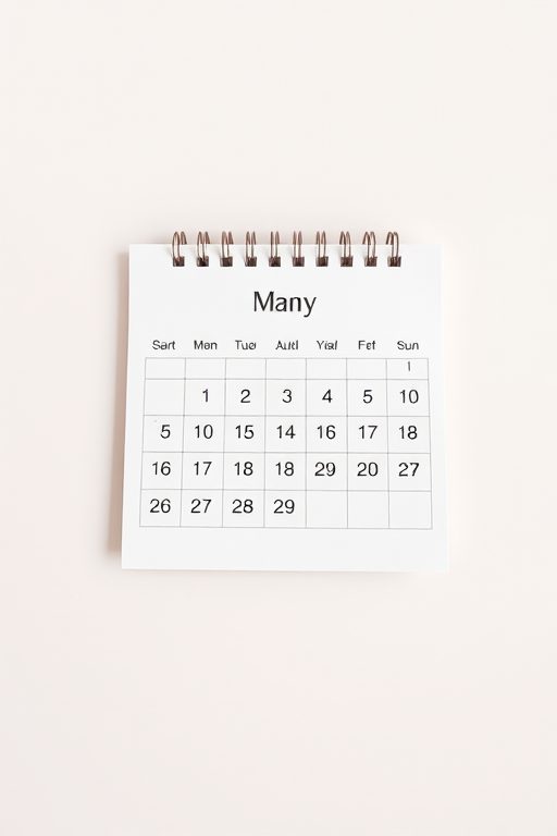 Create a high-resolution image of a calendar on a clean background using a DSLR camera with a 50mm lens at f/2.8, ISO 100, and a soft focus style for a modern aesthetic.