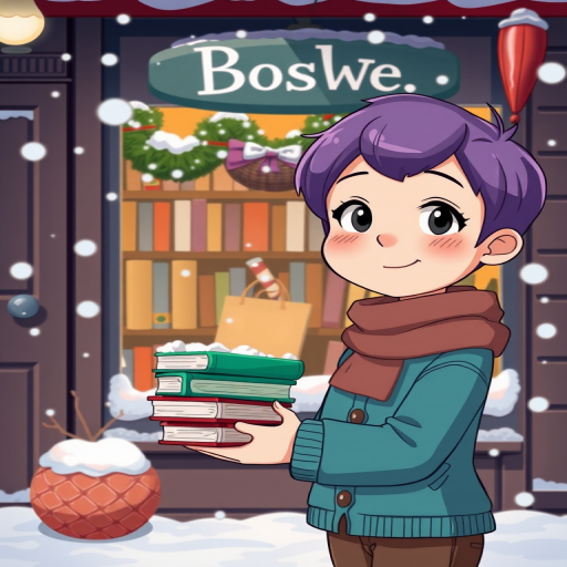 Create a winter scene featuring a cartoon character with short purple hair holding a stack of books in front of a cozy bookstore, snow falling gently, with festive decorations around the window, shot with a DSLR camera at f/2.8, ISO 200, 50mm lens, in a bright and colorful style.