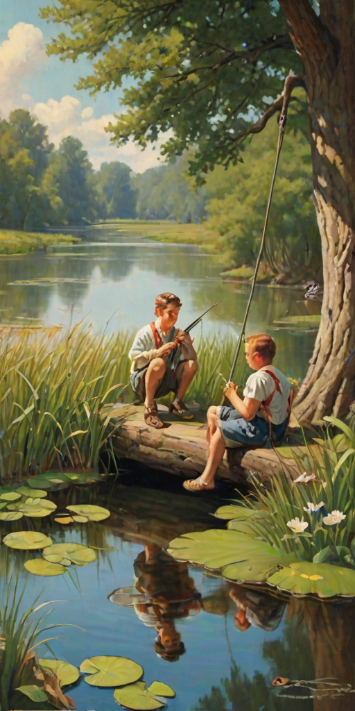 Imagine a small group of old fashioned young boys out fishing by the creek, a swing hanging from a tree branch, reeds and grasses by the water's edge, a frog sitting on a lily pad, dragonflies hovering over som water plans, a very iconic old fashioned scene reminiscent of a Norman Rockwell painting style