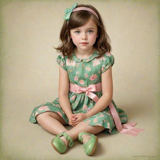 digital illustration of a kid girl with brown hair and blue eyes, sitting on the floor with her legs crossed and her hands resting on her knees. she is wearing a green floral dress with a pink bow on the front and a pair of green shoes with gold ribbon. She has a pink bows on her head. The background is a light beige color with a subtle texture. whimsical and dreamy.The color scheme is soft and muted pastel.