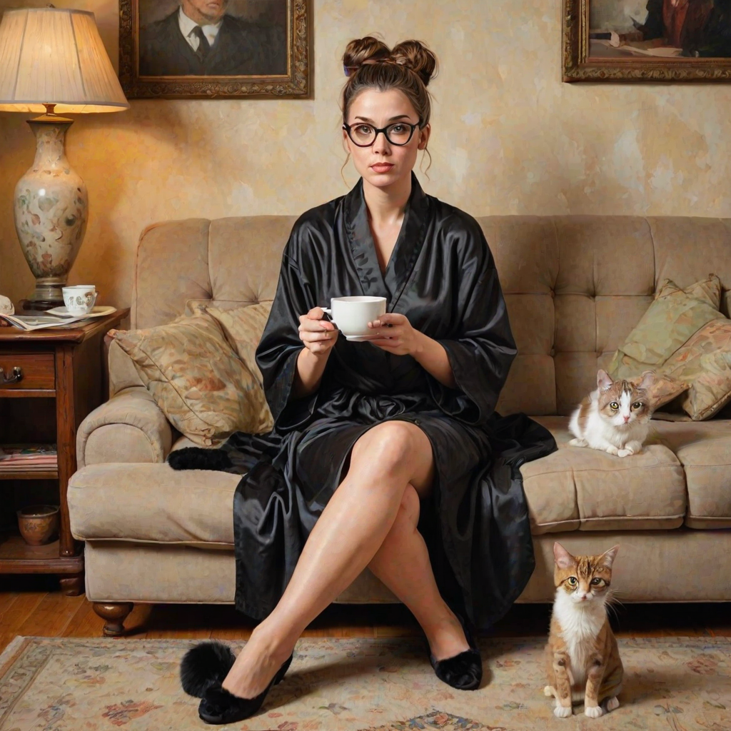 The words ‘Professional Overthinker’ (exact spelling) An exaggerated whimsical illustration of a cute silly lady with unruly messy brown bun and black glasses pouty lips and a thinking expression. Shes sitting on the couch, legs folded wearing a black silk robe, black fuzzy slippers. She’s holding her coffee cup and making a deep-in-thought face.  A quirky scruffy cat (dog) looking at her against a mottled, oil painting style soft background living room setting.