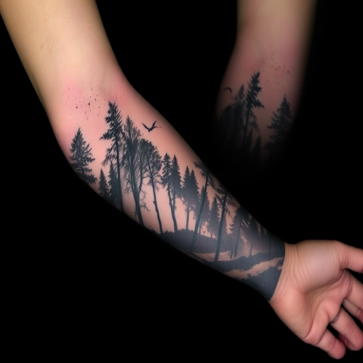 Ethereal negative space tattoo covering the entire arm, revealing a cosmic scene within the silhouette of a forest, utilizing clever use of empty space and black ink to create a captivating contrast
