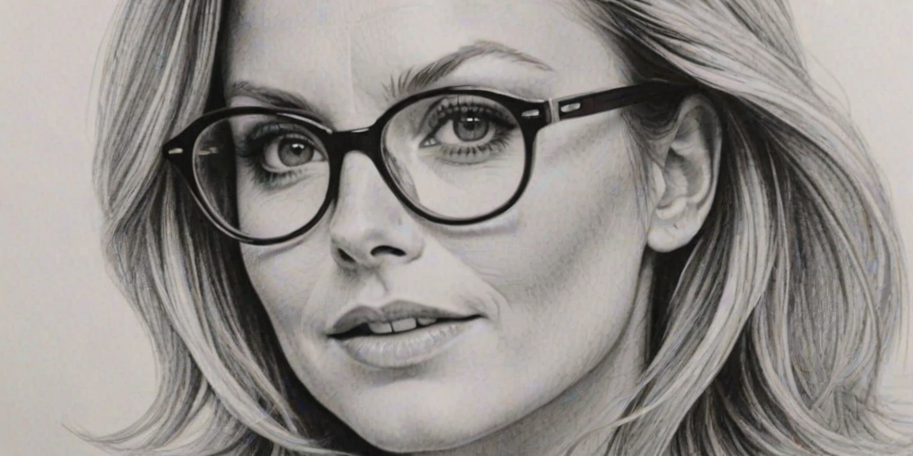 Stunning Geri Halliwell, pencil sketch, portrait of Sublime woman 1966s in glasses, hair style beatnik, outline, clear lines, fine lines, 8k