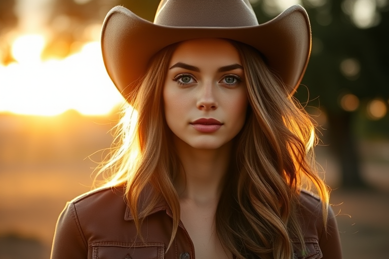 portrait of a young woman wearing a cowboy hat and western jacket in a golden hour outdoor setting, soft shallow depth of field, 85mm f/1.8 lens, ISO 100, aperture f/1.8, shutter speed 1/200s, natural light, DSLR style