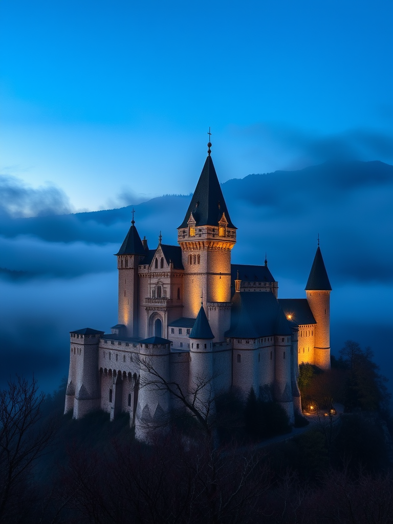 Generate a high-resolution image of a majestic medieval castle surrounded by misty mountains, captured at dusk with a Canon EOS R5 camera, 24mm lens, f/8 aperture, ISO 100, using a long exposure technique for ethereal light effect and a slightly elevated viewpoint to emphasize the grandeur of the castle.