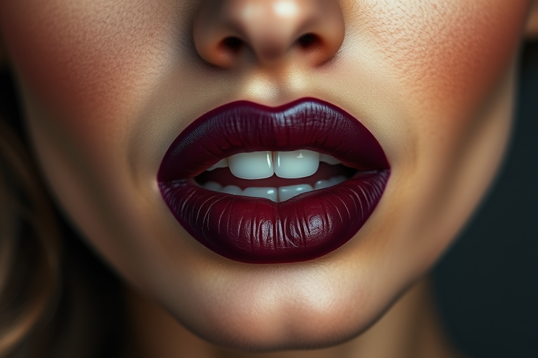 Sultry woman lips painted in deep plum matte lipstick with glossy center, full face portrait exuding sensual allure and magnetic presence
