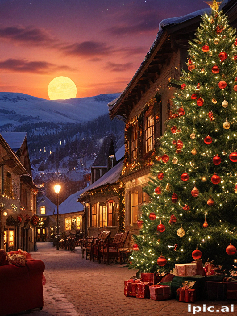Charming Winter Village Scene with Festive Christmas Tree and Moonlit Sky