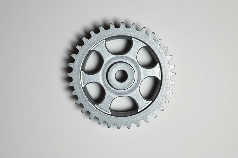 high-resolution image of a grey cogwheel on a plain background, shot with a Canon EOS R5, 50mm lens, aperture f/2.8, ISO 100, natural lighting, top-down view, sharp focus on the cogwheel's details