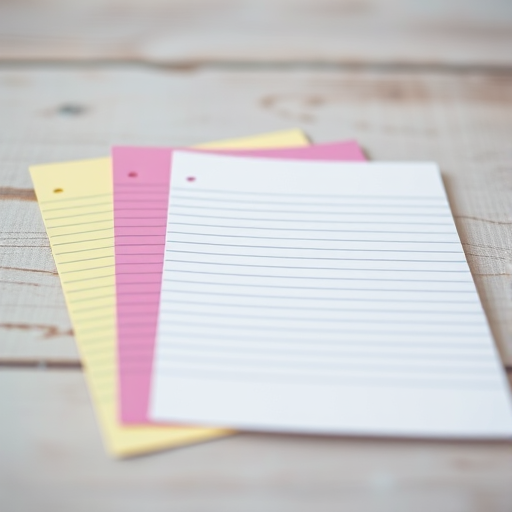 Generate an image of three sheets of lined paper in different colors, with a soft focus background, captured using a DSLR camera, f/2.8 aperture, 50mm lens, ISO 100, natural lighting.