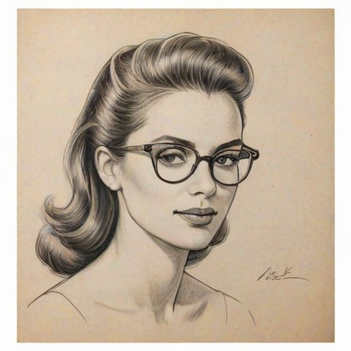 Enchanting Cristina Milian, pencil sketch, portrait of Graceful woman 1947s in glasses, hair style beatnik, outline, clear lines, fine lines, 8k