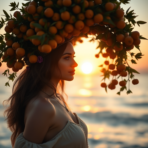create an image of a woman with an orange tree headdress standing by the ocean, with the sun setting in the background, captured with a Canon EOS R5 at 50mm f/1.2, ISO 100, aperture priority mode, using a soft focus style for ethereal quality and vibrant color enhancement