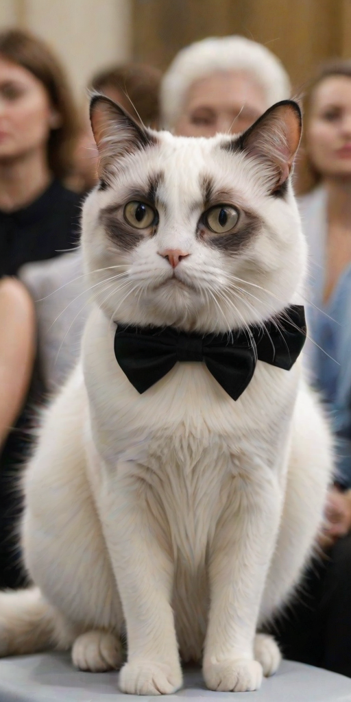 A close-up photograph of a white and black cat sitting among the audience at a fashion show. Its tail is curled beside it, and its predominantly white face shows a distinctive expression, resembling a domestic shorthair, with slightly squinted eyes that convey frustration. Surrounded by spectators, the cat watches as models walk down the runway in high-fashion outfits, sitting grumpily in its chair, clearly unimpressed by the glamorous spectacle.
