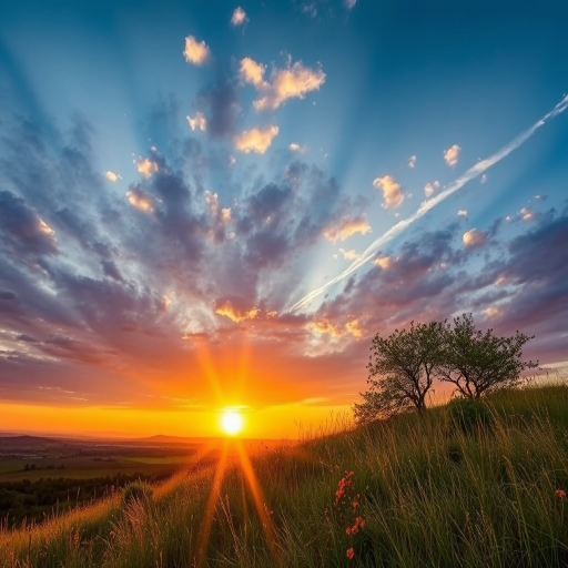 Capture a high-resolution image of a serene landscape at golden hour with a wide-angle lens, f/8 aperture, ISO 100, and a shutter speed of 1/200s, using a DSLR camera for vibrant colors and depth.