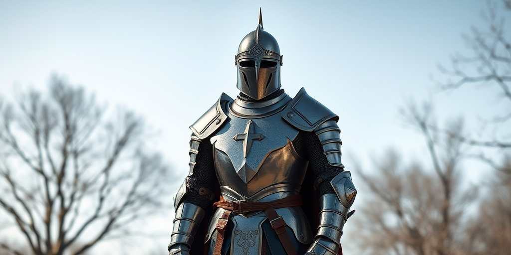 Medieval knight in full armor standing confidently, high-resolution, 85mm lens, f/4 aperture, ISO 100, natural lighting, three-quarter view, 3D rendering style.