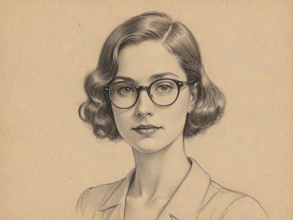Sublime Molly Gordon, pencil sketch, portrait of Elegant woman 1928s in glasses, hair style beatnik, outline, clear lines, fine lines, 8k