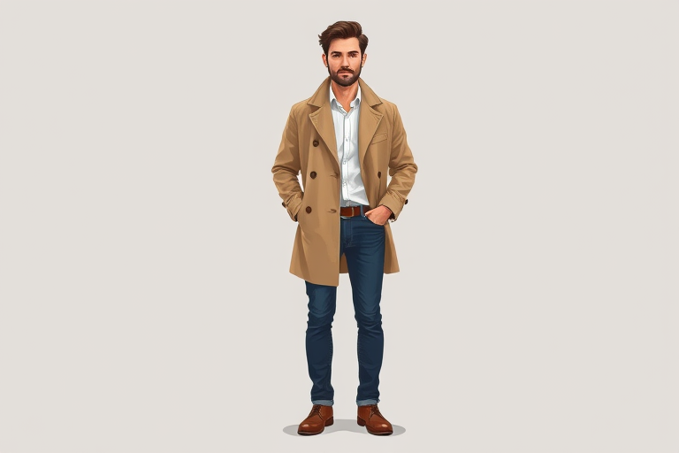 Create a full-body illustration of a man standing confidently, wearing a beige overcoat over a white shirt and dark blue jeans, with brown shoes, using a DSLR camera at f/2.8 aperture, 50mm lens, natural lighting, and a shallow depth of field for a professional look.