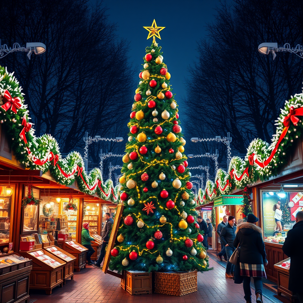 Generate an image of a festive Christmas market scene. Include a beautifully decorated Christmas tree with shiny ornaments and a star on top. Surround the tree with colorful market stalls adorned with lights and holiday decorations. Capture the vibrant atmosphere with shoppers enjoying the festivities.