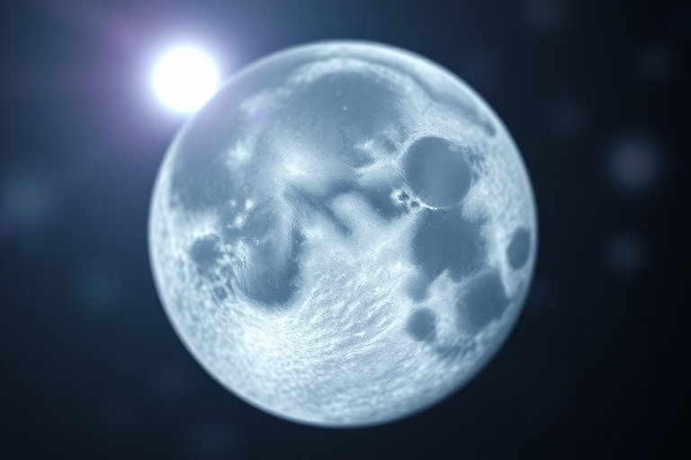 Create a surreal digital artwork of a stitched moon in space, using a Canon EOS R5 with a 50mm f/1.2 lens at f/8, ISO 100, and a 1/125 sec shutter speed, capturing a close-up view with a soft bokeh effect in the background, emphasizing intricate details of the stitching and celestial elements.