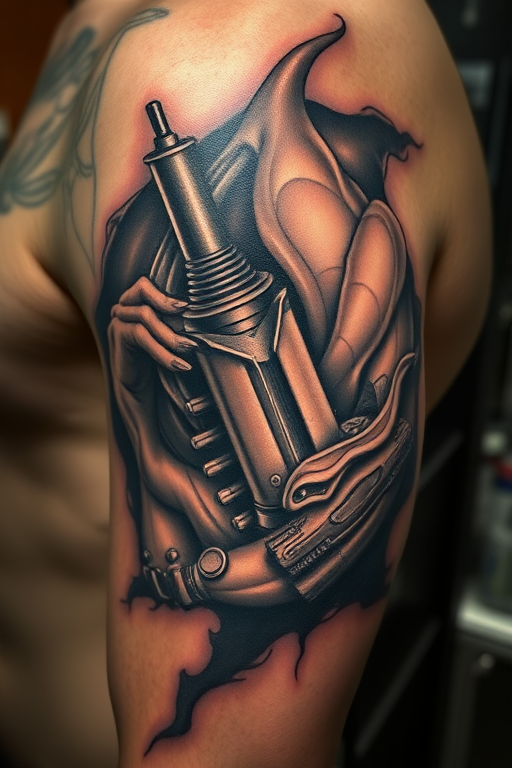 Hyper-realistic 3D tattoo called "Dimensional Deception" creating the illusion of objects emerging from or receding into the skin with masterful shading and perspective techniques