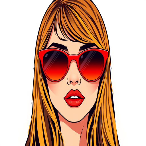 Create a high-resolution vector illustration of a woman with long hair and red sunglasses, emphasizing vibrant colors and clean lines, using a digital art style with soft gradients, set to a 300 DPI resolution.