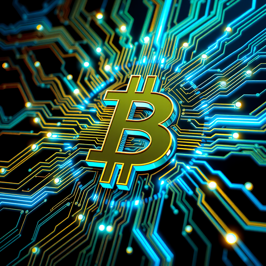 Imagine a Bitcoin symbol (₿) intricately designed as part of a futuristic, glowing circuit board. The ₿ is central, composed of metallic gold and silver lines, seamlessly blending into the web of circuits surrounding it. Blue and green LED-style lights trace through the circuits, making it look like Bitcoin is powering a digital network. The background is dark, with neon accents highlighting the tech vibe, symbolizing the digital and decentralized nature of Bitcoin