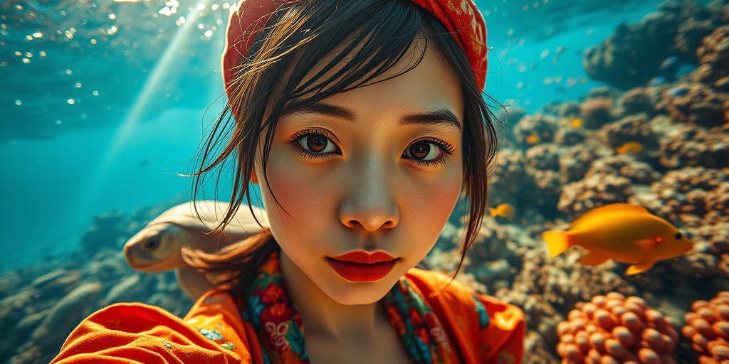 Realistic selfie image of a Chinese, wearing a vintage outfit, detailed dreamy eyes, droopy hooded eyes, staring at the camera, taken underwater at coral reef with a sunbeam filtering through the water, vibrant, summer vacation, natural lighting, turtle and school of tropical fish with vibrant colors, rendered in the style of CryEngine, Pegi Nicol MacLeod, with realistic genre scenes, hauntingly beautiful narratives, ultra-realism, and Thomas Saliot's close-up technique, 8K resolution, crystal clear and sparkling water.