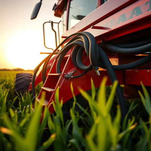 high-resolution image of a red agricultural machine with multiple hoses attached in a green field at sunrise, low angle view, aperture f/8, shutter speed 1/200 sec, ISO 100, DSLR camera, landscape orientation