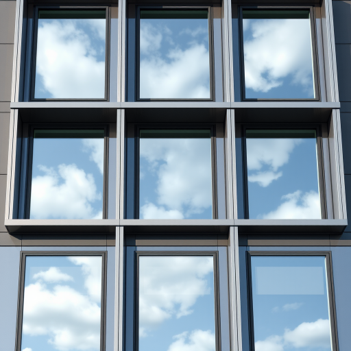 Create an image of a modern building facade featuring large glass windows reflecting the sky. The design should incorporate sleek lines and a combination of light and dark materials, emphasizing a contemporary architectural style. The focus should be on the arrangement and symmetry of the windows, capturing the interplay of light and shadows.