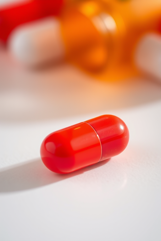 Red and white capsule pill on a clean surface, high detail, macro lens, f/2.8 aperture, 50mm lens, 1/200 sec shutter speed, natural lighting, DSLR camera, focus on texture and color contrast.