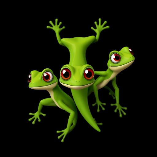 Create an image of three cartoon-style green lizards positioned in a triangular formation, with large expressive eyes, on a solid black background, using a DSLR camera with a 50mm lens at f/2.8, ISO 100, 1/200s shutter speed, shot from a slightly elevated angle to enhance depth and clarity.