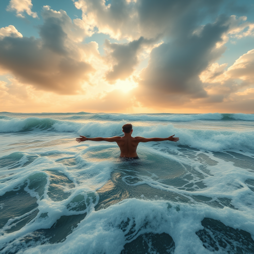 Generate an ethereal scene of a figure standing in turbulent ocean waves with arms outstretched, dramatic clouds overhead, golden light breaking through, captured with a full-frame DSLR at f/2.8, 24mm lens, ISO 100, shutter speed 1/250s, in a wide-angle view to enhance depth and clarity.