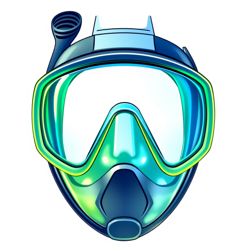 Create a high-resolution digital illustration of a snorkel mask with vibrant green and blue colors, using a DSLR camera with a 50mm lens, aperture set to f/5.6, ISO 100, natural lighting, and a clean white background for enhanced clarity and detail.