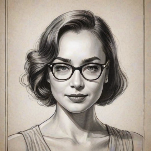 Dazzling Courtney Ford, pencil sketch, portrait of Beauteous woman 1932s in glasses, hair style beatnik, outline, clear lines, fine lines, 8k